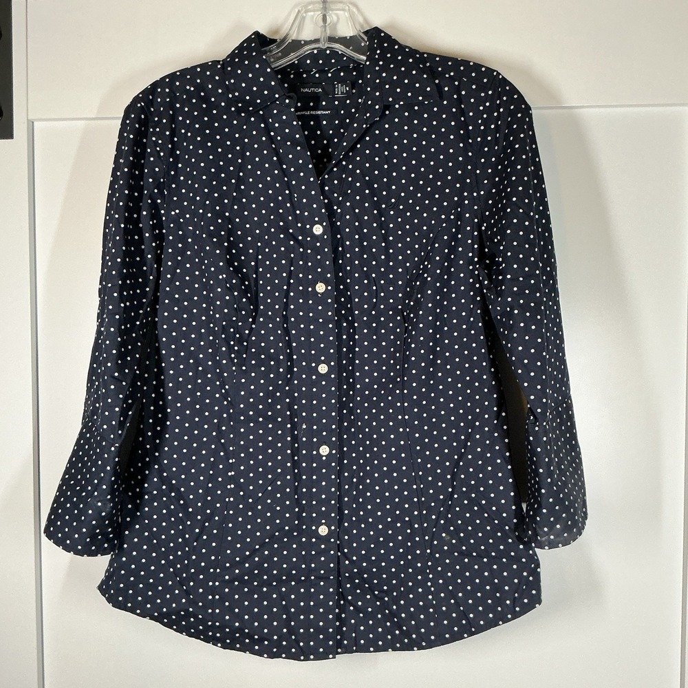 Nautica Women's 100% Cotton Wrinkle Resistant Navy Polka‎ Dot Button Down M Prep